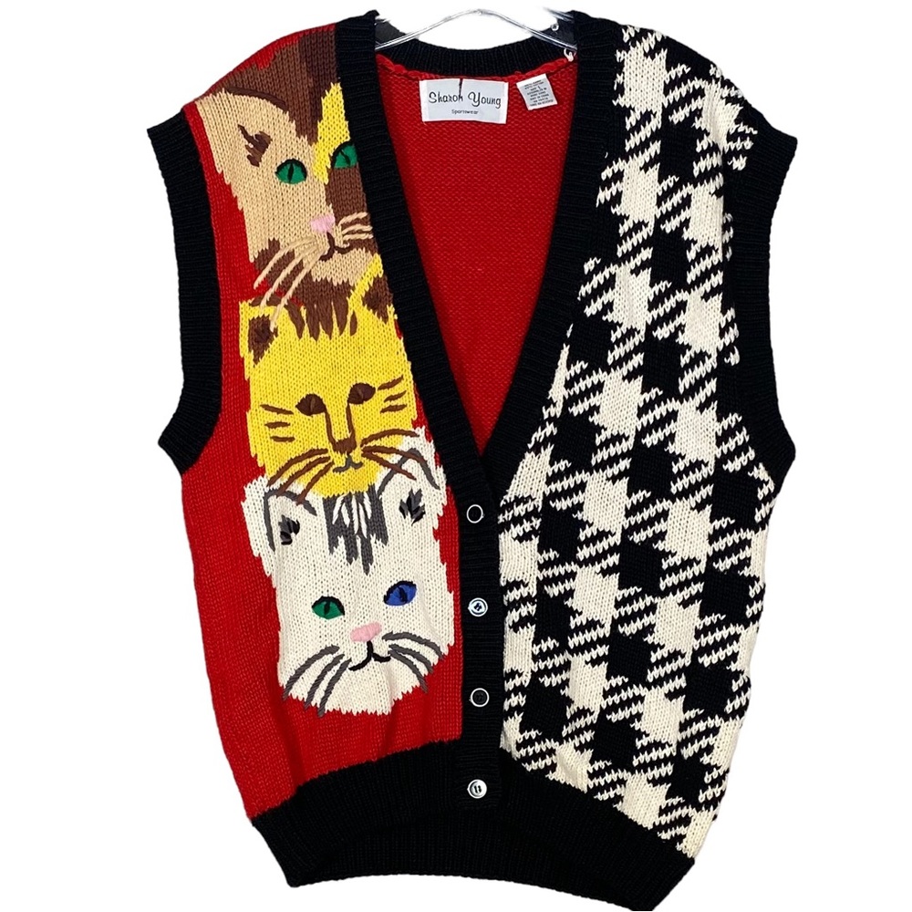 Sharon Young Vintage Cat Sweater Vest Women’s Size L